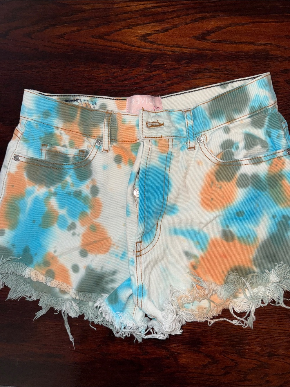 REVICE Women's Tie-Dye Frayed Hem Denim Shorts - Blue, Orange, Gray